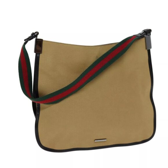 GUCCI Web Sherry Line Shoulder Bag Canvas Beige Green - Picture 1 of 16